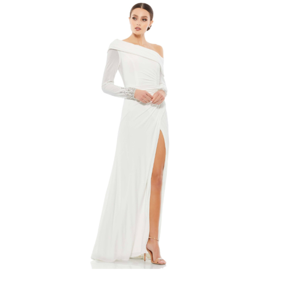 Mac Duggal White Off-Shoulder One-Sleeve Evening Gown with Thigh Slit